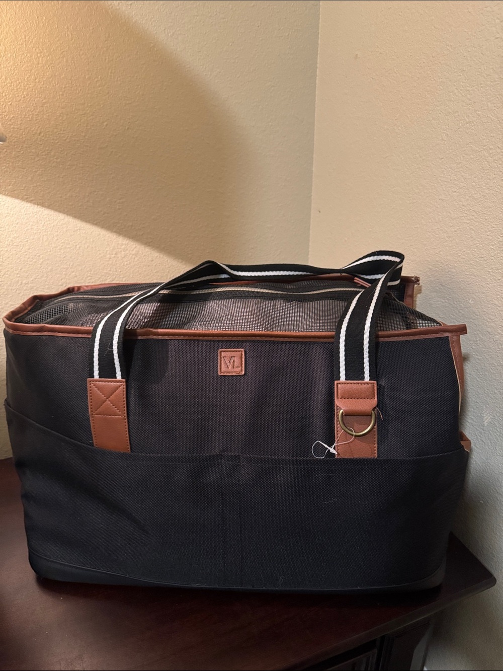 Doggy Black Canvas Travel Tote with Brown Trim by VL